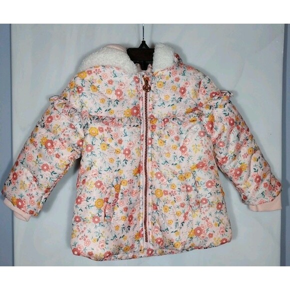 Nicole Miller Baby Girl's Winter Coat 24M Floral Ruffle Sherpa Lined Warm Cozy - Picture 1 of 5